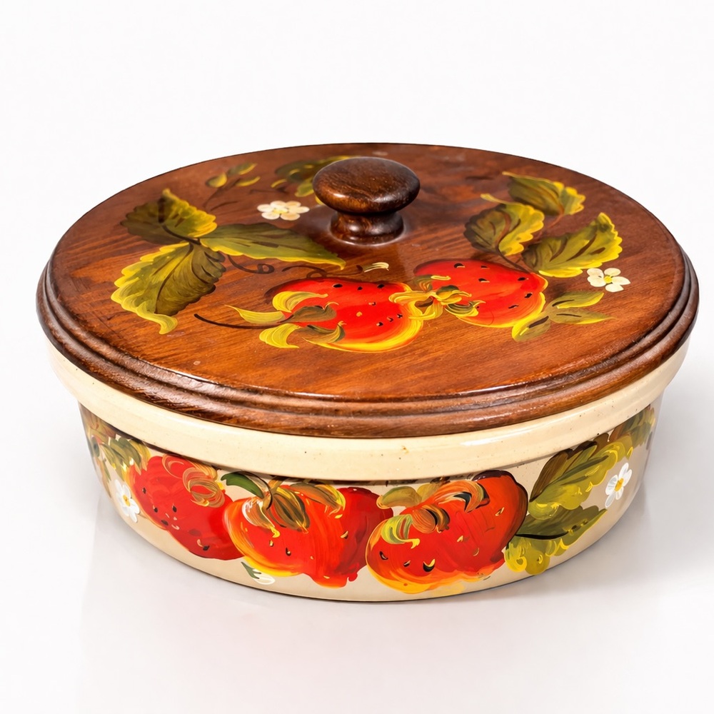 Vintage Hand-Painted Strawberry Stoneware Dish with Wooden Lid